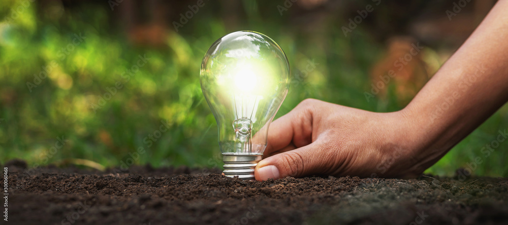 Holding a light bulb on the ground Energy saving concept - obrazy, fototapety, plakaty 
