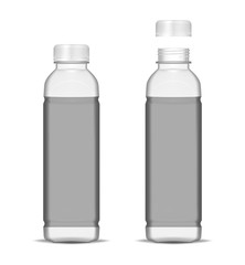 Wall Mural - cooking vegetable oil clear bottle isolated on white background, realistic mockup. juice, water or o