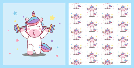 Unicorn lifts the barbell. Healthy Body. pattern background illustration.