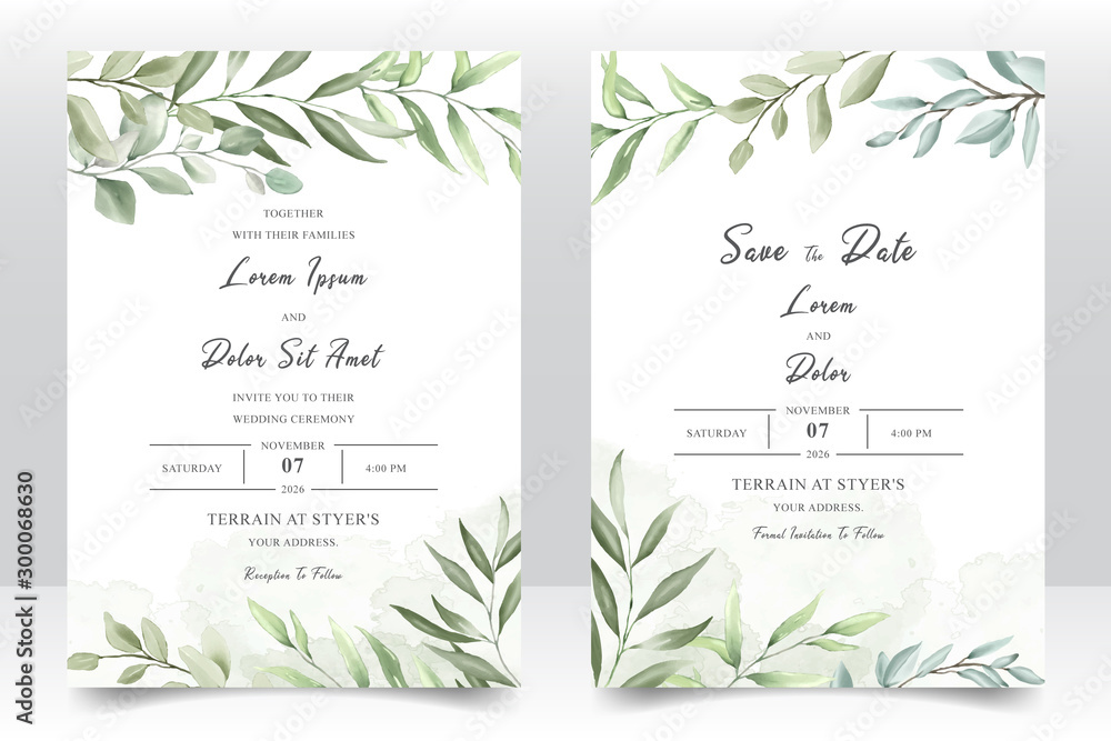 Elegant watercolor wedding invitation card with greenery leaves - obrazy, fototapety, plakaty 
