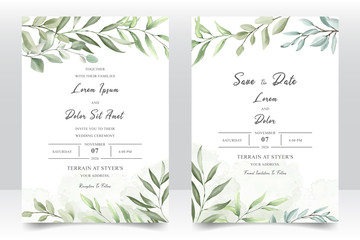 Sticker - Elegant watercolor wedding invitation card with greenery leaves