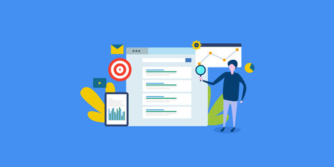 Wall Mural - search engine result page, seo expert, ranking analysis concept with character. flat design web bann