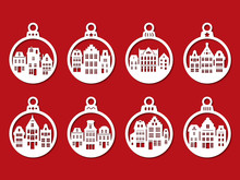 Set Of Laser Cutting Template Of Christmas Balls With Amsterdam Style Houses. Silhouette Xmas Tree Decoration For Cutout. Stylized Dutch Facade Of Old Buildings. Vector Illustration On Red Background.