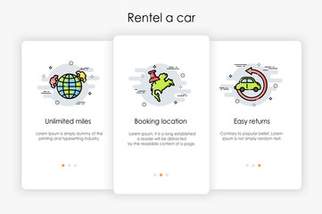 Wall Mural - Onboarding screens design in rentel a car concept. Modern and simplified vector illustration, Template for mobile apps.
