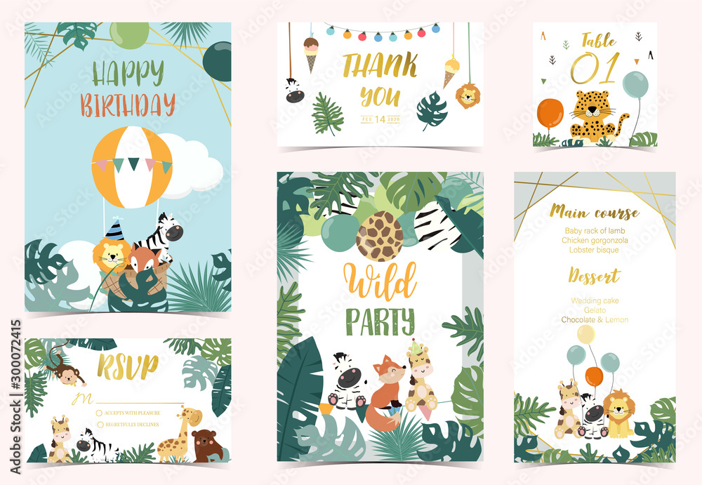 Collection of safari background set with giraffe,balloon,zebra,leopard.Vector illustration for birthday invitation,postcard and sticker.Wording include wild party.Editable element - obrazy, fototapety, plakaty 