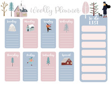 Cute Weekly Planner Background With House,snow,people,tree.Vector Illustration For Kid And Baby.Editable Element