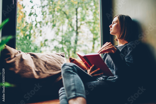 Cuadros en Lienzo Thoughtful young woman looking out of window pondering on idea and plot of new bestseller of favourite author resting on comfortable windowsill in stylish coworking space