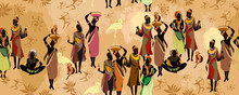 African Women Silhouettes In National Clothes Horizontal Seamless Pattern. Beautiful Black Females. Tribal Art. People Of South Africa, Vector Illustration