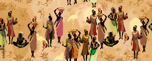 Dekoracja na wymiar  afrykanskie-kobiety-sylwetki-w-krajowych-ubrania-poziome-wzor-piekna-czern