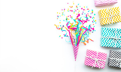 Wall Mural - Celebration anniversary and party concepts ideas with colorful gift box present and confetti element on white color background