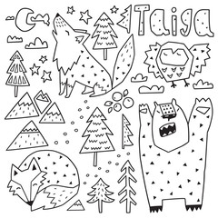 Poster - Forest animals characters and nature elements set. Cartoon geometric style. Ideal for coloring