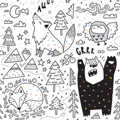 Poster - Seamless pattern of cute animals - fox, bear, owl, wolf and graphic elements in geometric style. Great for fabric, textile. Vector illustration