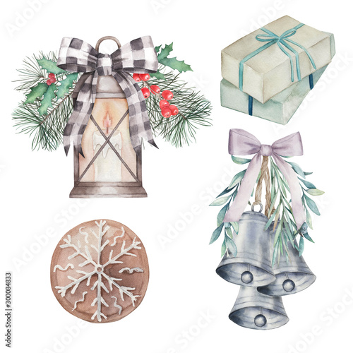 Watercolor set with christmas tree, mistletoe,  lamp with a candle, holly, gi...
