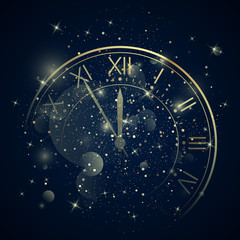 Wall Mural - golden clock dial with roman numbers on magic christmas glitter background. new year countdown and c