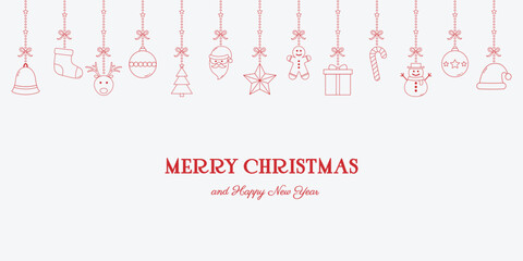 Minimalist Christmas greeting card with hanging ornaments and text. Xmas decoration. Vector