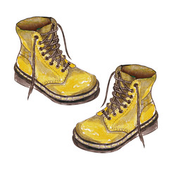 sketch of lether shoes. hand drawn watercolor illustration of autumn boots isolated on white backgro