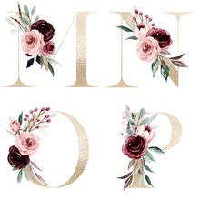 Floral Gold Alphabet, Letters Set With Watercolor Flowers Roses And Leaf. Monogram Initials Perfectly For Wedding Invitation, Greeting Card, Logo, Poster And Other. Holiday Design Hand Painting.