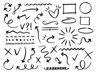 Sketch arrows and frames. Hand drawn arrow, doodle divider and circle, oval and square frame vector set. Underline and navigation symbols. Dotted and curvy lines. Scribble elements, cursors