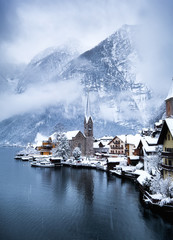 Wall Mural - hallstat village in the austria. beautiful village in the mountain valley near lake. mountains lands