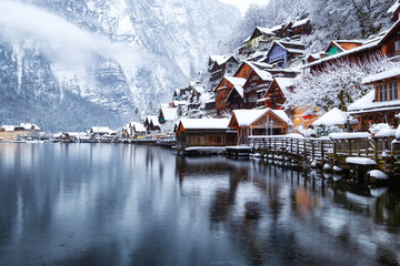 hallstat village in the austria. beautiful village in the mountain valley near lake. mountains lands
