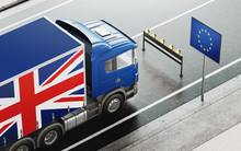 Brexit Concept. English Truck Stopped In Front Of The Flag Of Europe. 3d Rendering