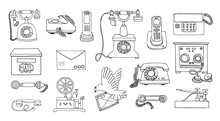 Vector Vintage Means Of Communication Line Drawing Set. Retro Black And White Collection Of Wired Rotary Dial Telephone, Radio Phone, Telegraph, Receiver, Pigeon Post, Letter, Stamps.