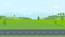 Straight Empty Road Through The Countryside On City Background. Green Hills, Blue Sky, Meadow. Summer Landscape Vector Illustration.