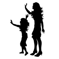 Canvas Print - Vector silhouette of mother with her daughter on white background. Symbol of family, child, siblings, sister, maternity, salute, wave.