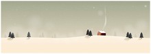 Panorama Vector Illustration Of Countryside Landscape In Winter.Banner Of Lonely Hut In Winter. Snow Over The  Mountain With Small Pine Trees And Old Barn.Image With Noise And Grain.Olive Green Tone.