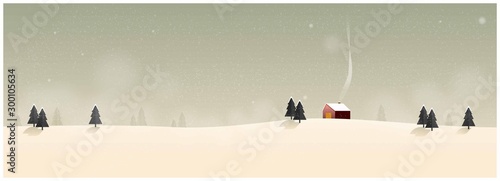 Panorama Vector illustration of Countryside landscape in winter.Banner of lonely hut in winter. snow over the  mountain with small pine trees and old barn.Image with noise and grain.Olive green tone.