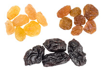 Raisins Black And Yellow Isolated On White Background, Top View