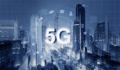 Futuristic city with 5G internet and application icons, Smart city