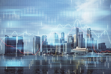 Forex chart on cityscape with tall buildings background multi exposure. Financial research concept.