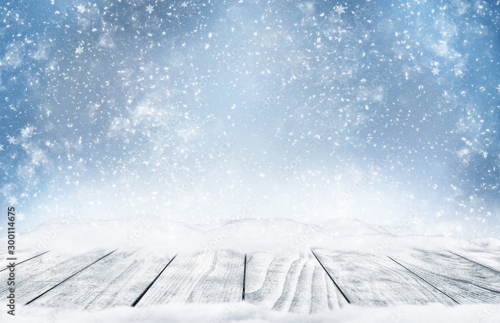 Winter landscape with falling snow. - obrazy, fototapety, plakaty 