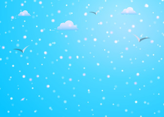 Wall Mural - colorful fallign christmas snow on blue sky background with clouds, birds silhouettes, snowfall and 