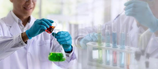 Wall Mural - laboratory concept; scientist transfer chemical reagent from beaker to flask. he observe the chemica