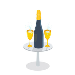 Wall Mural - Champagne bottle and golden glasses with sparkling wine on the table, isolated on white background. Wineglass with fizzy drink. Flat vector illustration. Clipart