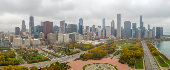 Canvas Print - Chicago downtown buildings skyline fall foliage aerial drone