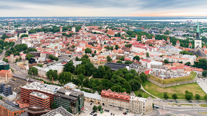 Historic Centre (Old Town) of Tallinn. Amazing aerial drone shot of old town Tallinn, Estonia at sunset. view on old town with main central square in Tallin, Estonia. Vanalinn Kesklinn