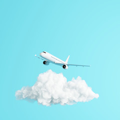 Airplane with cloud on pastel blue background. Travel concept. 3d rendering