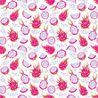 Seamless pattern with dragon fruits (pitaya). Hand drawn vector illustration in watercolor style with high detail for summer romantic card, cover, tropical wallpaper, texture, fabric, wrapping paper. 