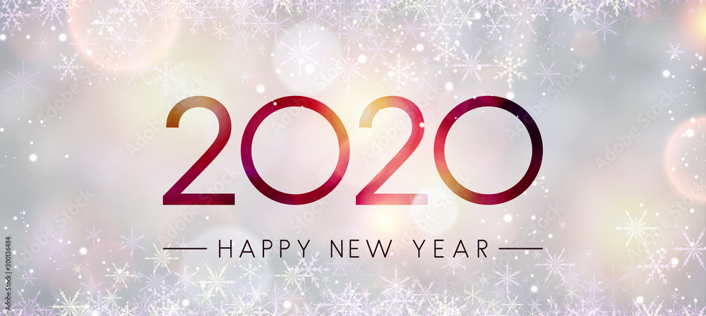 Blurred shiny Happy New Year 2020 banner with snowflakes. - obrazy, fototapety, plakaty 