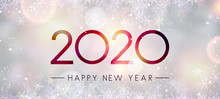 Blurred Shiny Happy New Year 2020 Banner With Snowflakes.