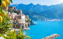 Small Town Atrani On Amalfi Coast In Province Of Salerno, Campania Region, Italy. Amalfi Coast Is Popular Travel And Holyday Destination In Italy.