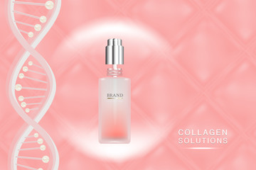 Beauty product ad design, pink cosmetic container with collagen solution advertising background ready to use, luxury skin care banner, illustration vector.	