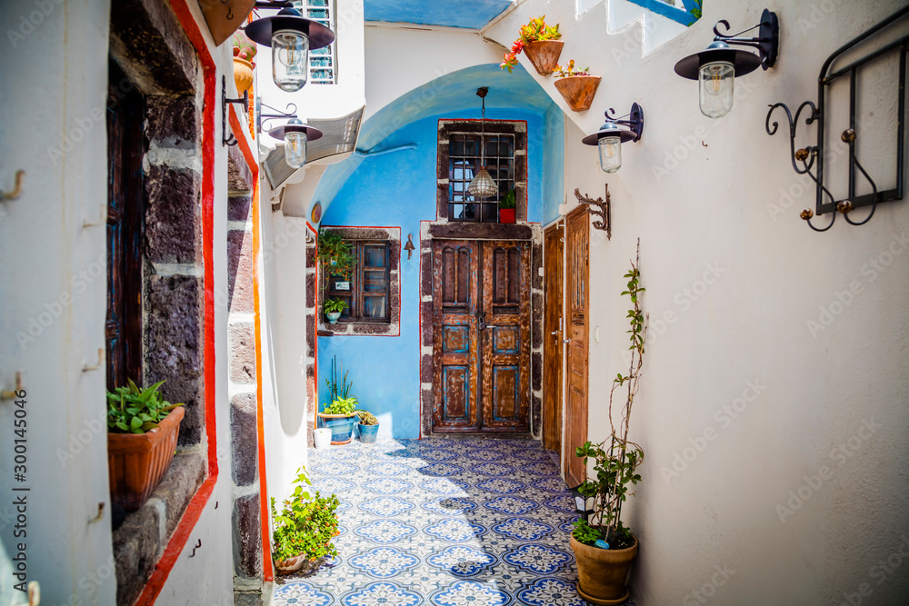 Streets of Santorini island. Architectural details. Greece - obrazy, fototapety, plakaty 