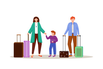 Wall Mural - family with luggage flat vector illustration. getting ready for trip. married couple with suitcases.