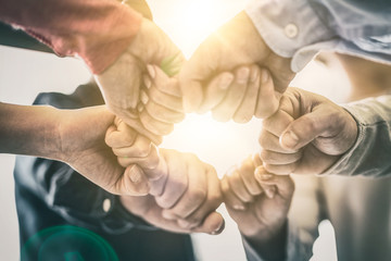 Fototapete - A group of young people hold strong hands.