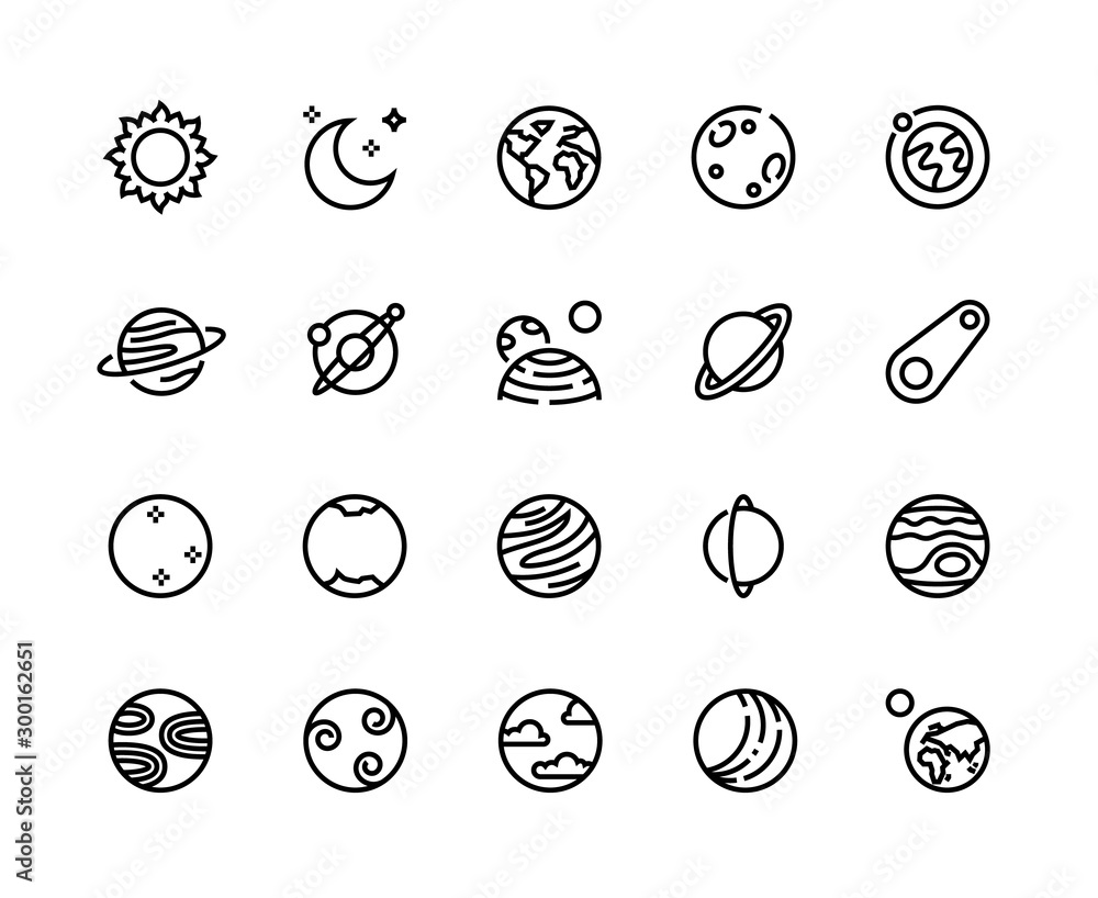 Planet line icons. Solar system cosmos planets with Earth Moon Jupiter Uranus and other. Vector illustration astronomy infographic elements astrology concept with outline symbols planets - obrazy, fototapety, plakaty 