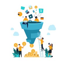 Funnel Leads Generation. Attracting Followers Strategy Concept With Cartoon People And Inbound Marketing. Vector Conversion Rate Generation Flow Customer And Focus Profit